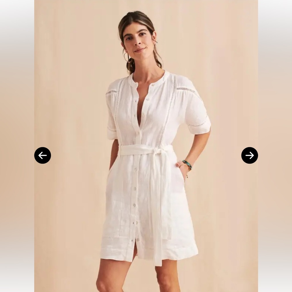 NWT Faherty Linen Shirt Dress White Belted Lattice Detail Mini XS Coastal Chic